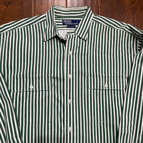 Polo by Ralph Lauren Green and White Striped Casual Button Down Shirt - Picture 2 of 8